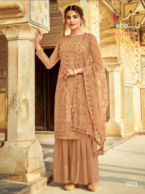 Golden colour foux georgette kameez with heavy embroidery work & heavy netting embroidery work dupatta with dull santoon bottom fabric(can be customise any size)