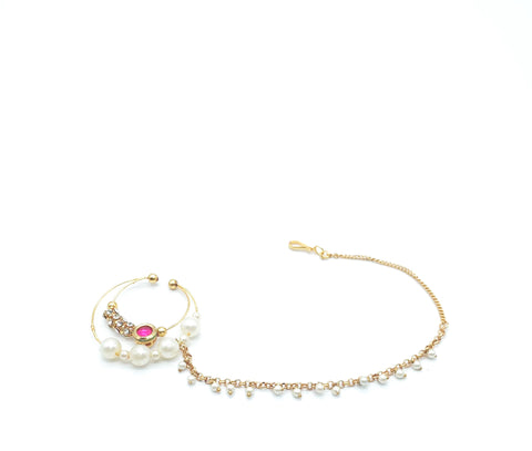 pearls and pink stone medium  size nose ring with chain