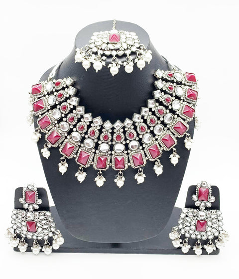 Deep Mehroon and silver stone & jerkan heavy necklace set