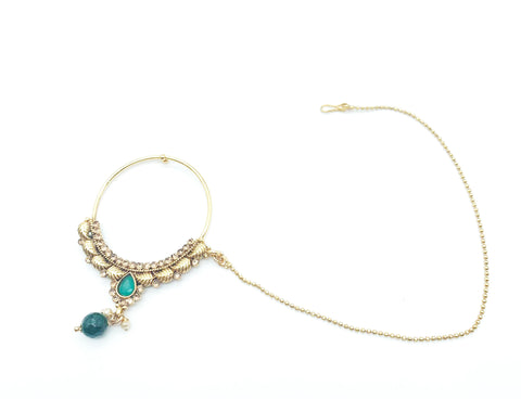 green stone medium  size nose ring with chain