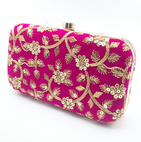 Hot pink colour velvet based Heavy stone work and embroidered clutch bag
