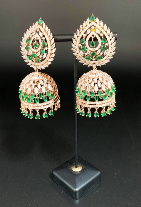 Rosegold & green American diamond Jhumka earrings