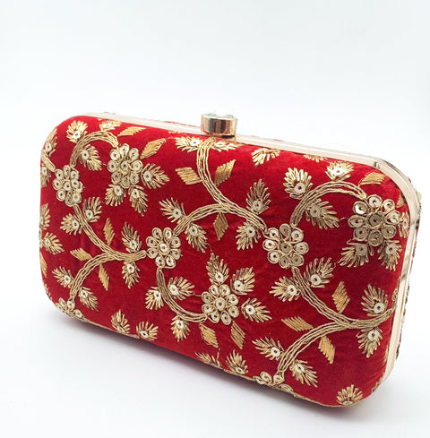 Red colour velvet based Heavy stone work and embroidered clutch bag