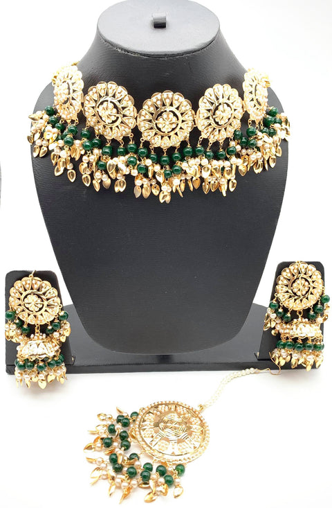 Dark green Pearls Jadau Pipal Patti Punjabi Set With Jhumka & Tikka