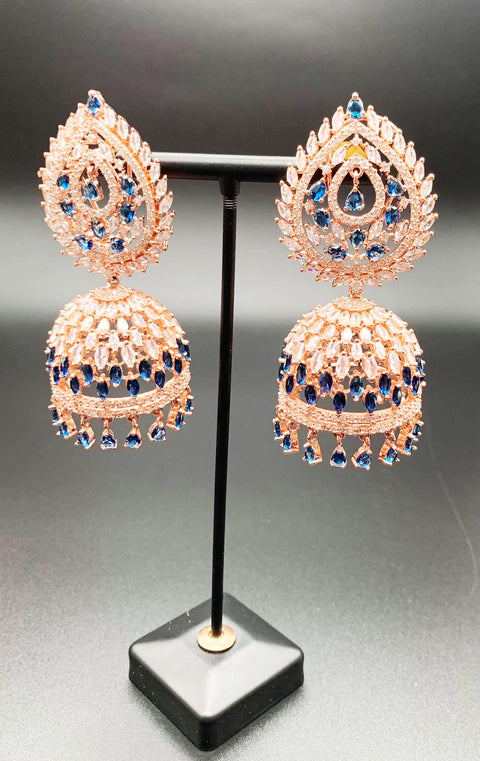 Rosegold & blue American diamond jhumka earrings
