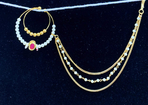 White Colour Pearls With Beautiful maroon Kundan Stone nose ring