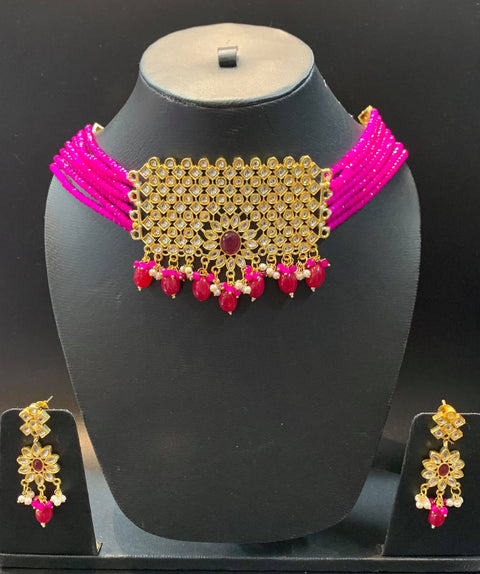 Hot pink  colour pearls Choker with kundan stone pendant