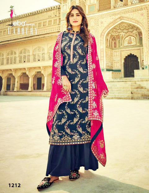 Nevi blue  Colour Muslin Embroidered Kameez With Santoon Based Salwar & Brazilian Silk Embroidered Dupatta (Unstitched Fabric)