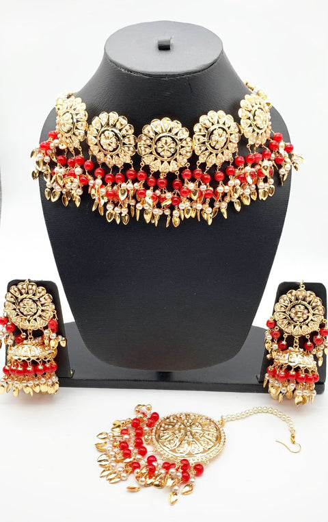 Red Pearls Jadau Pipal Patti Punjabi Set With Jhumka & Tikka