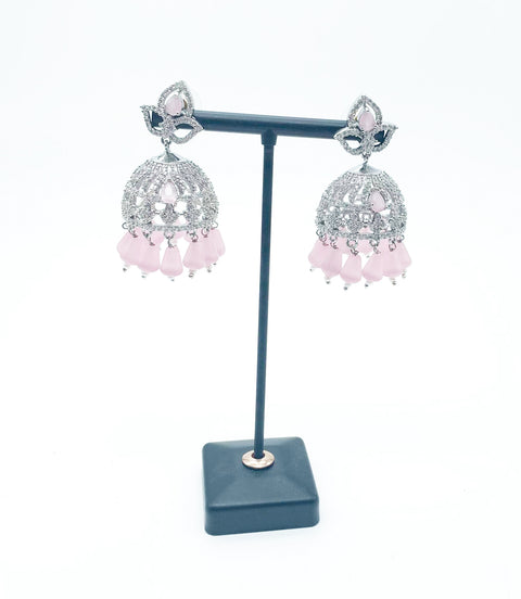 Silver stone  American Diamond jhumka Earring with baby pink stone