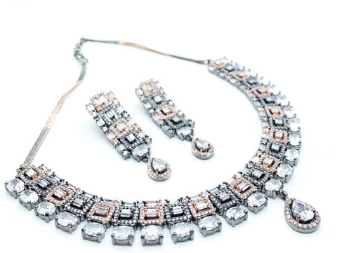 Grey and Rosegold crystals with Silver American Diamond necklace set