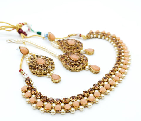 Peach  and golden stone with pearls beautiful necklace set