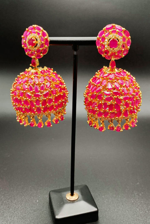 Gold & Hot pink American diamond Jhumka earrings
