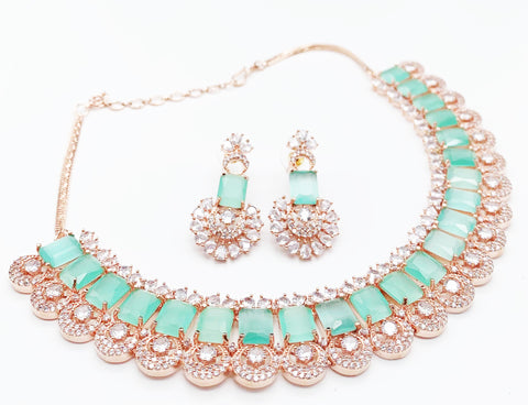 Pastel mint and rosegold crystals American Diamond necklace set
