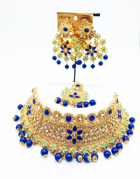 Royal blue and golden stone with seafoam meenakari design heavy chokar set