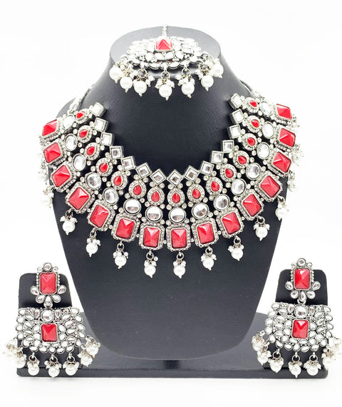 Red  And Silver Stone & Jerkan Beautiful Necklace Set