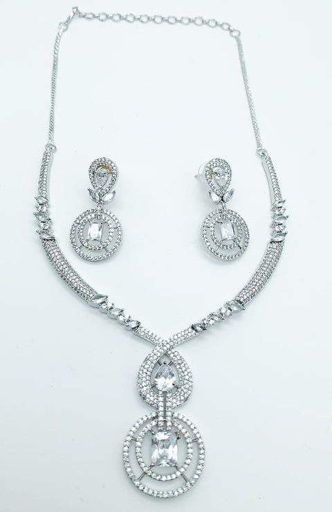 Silver Crystals American Diamond Necklace Set