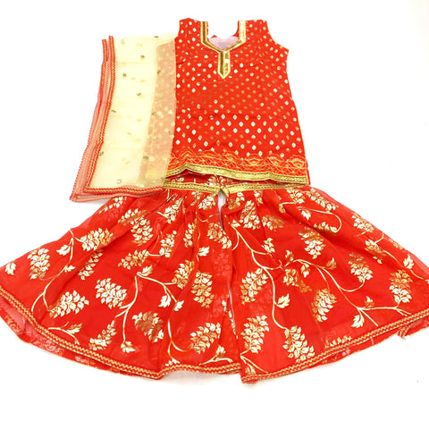 Red colour golden print grorgette based kids sharara suit