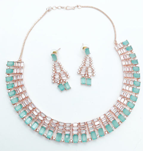 Rosegold And Mint Green Crystals American Diamond Necklace Set