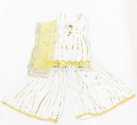 White colour silk based kids punjabi suit with golden dupatta