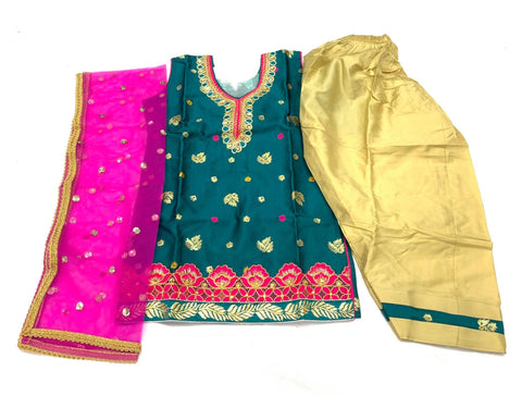 Teal green silk based kids punjabi suit with contrast salwar & dupatta