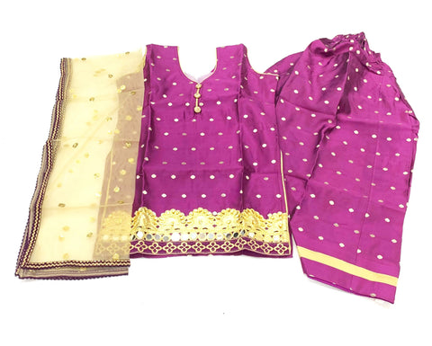 purple dotted print punjabi suit with contrast dupatta