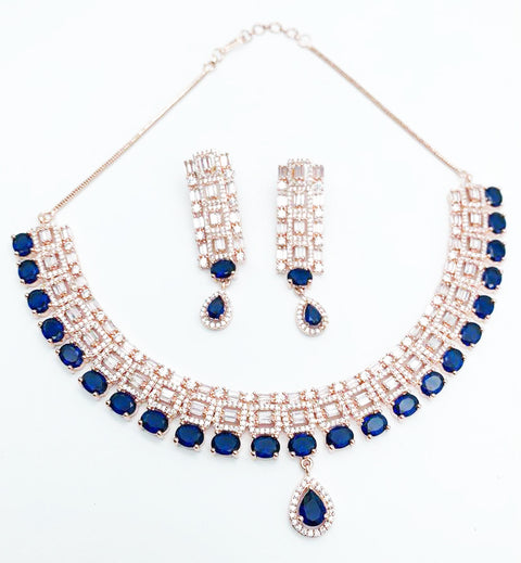 Rose Gold and Ruby Blue Crystals American Diamond Necklace Set