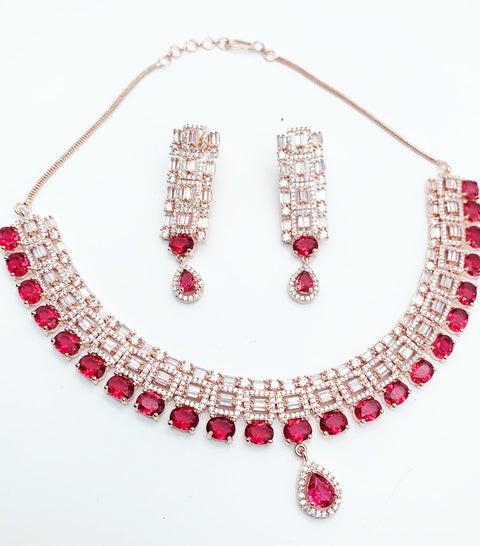 Rose Gold and Ruby Crystals American Diamond Necklace Set