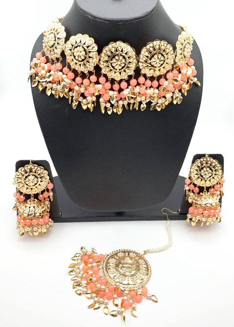 Peach Pearls Jadau Pipal Patti Punjabi Set With Jhumka & Tikka