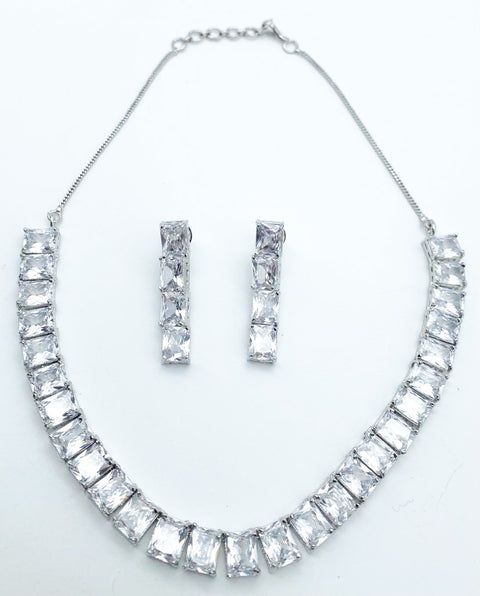 Silver Crystals American Diamond Necklace Set