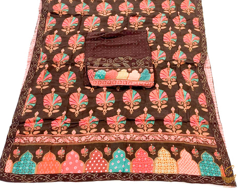 deep purple colour mukaish work pure crape beautiful kameez with printed crape dupatta