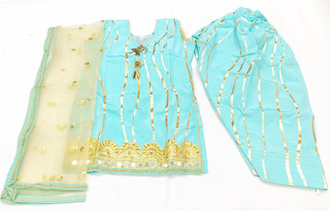 Ferozi colour silk based kids punjabi suit with golden dupatta