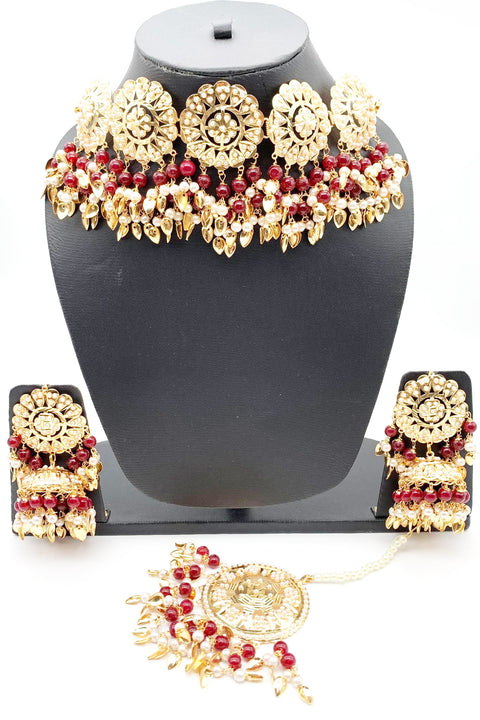 Maroon Pearls Jadau Pipal Patti Punjabi Set With Jhumka & Tikka