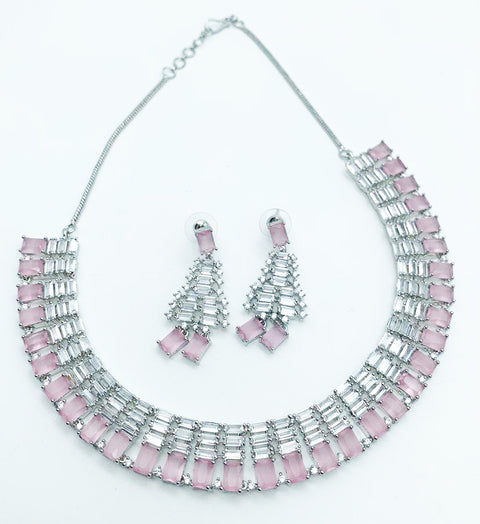 Silver and Pink Crystals American Diamond Necklace Set