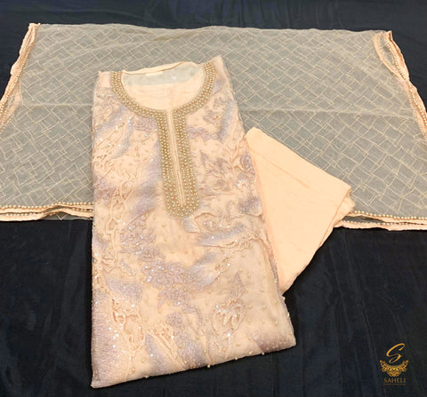 Peach colour original opada silk with netting sippy and pearl work  embroidered kameez with heavy netting  jaal pearl work  dupatta
