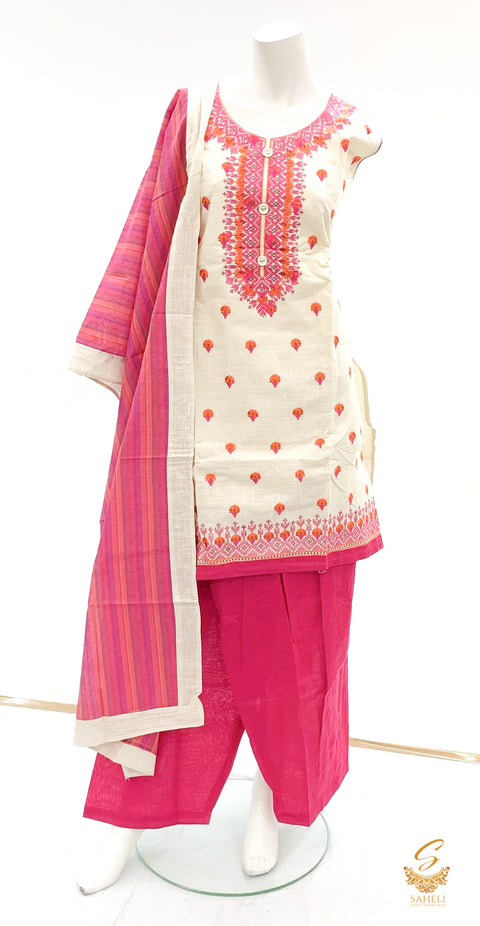 cream colour cotton kameez with contrast colour embroidery with salwar & Dupatta