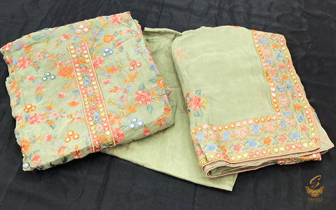 pastel mint chiffon based heavy embroidered with mirror work allover on kameez & Dupatta