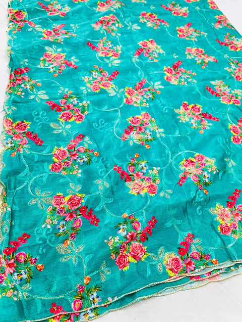 Light teal green printed dupatta on chiffon base with embroidery