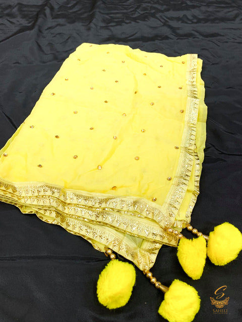 yellow colour chiffon based golden border dupatta
