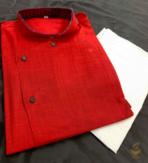 Maroon colour cotton linen based side cut style kurta with pents