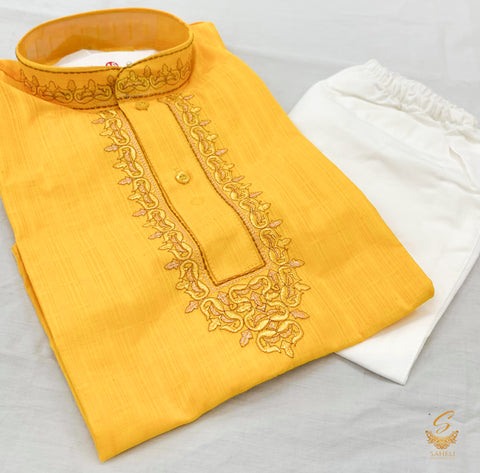dark yellow  colour cotton kids kurta pajama