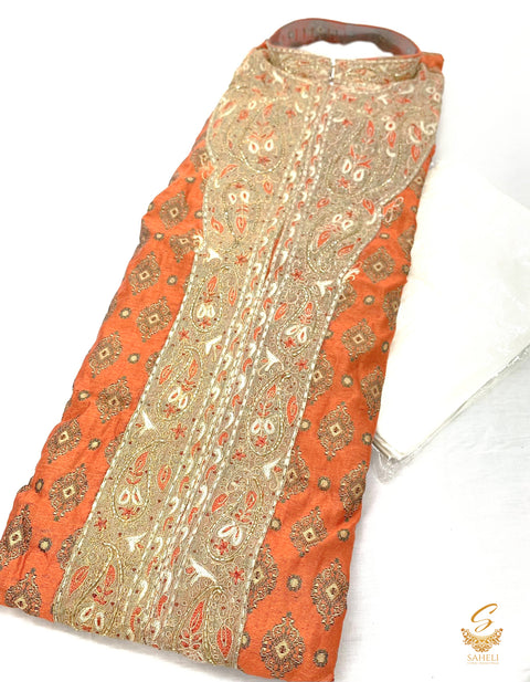 Mustard color men's embroidered neck kurta on brocade silk