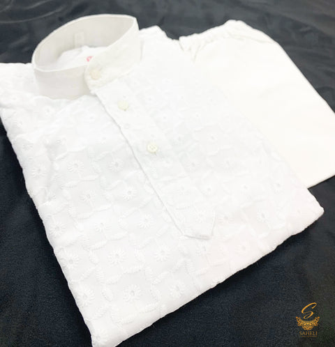 white colour 100% cotton with chikankari  kurta pajama