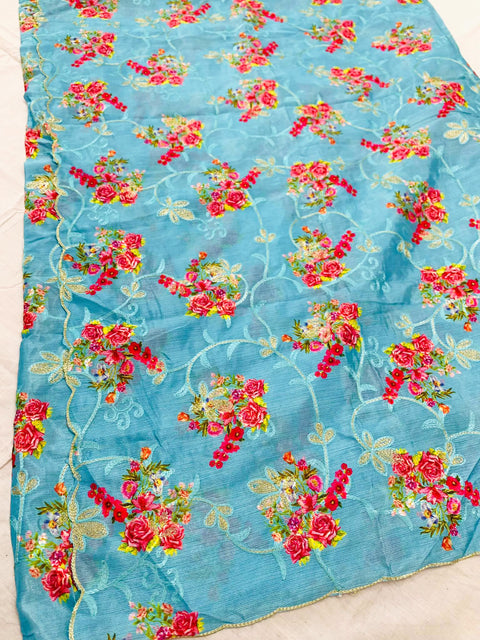 Sky blue printed dupatta on chiffon base with embroidery