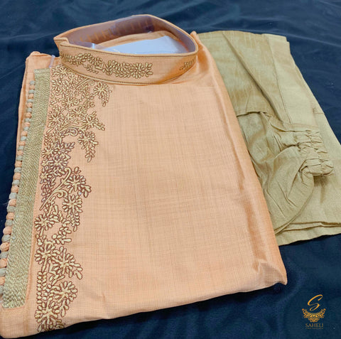 Peach colour silk based side design embroidered kurta with pent