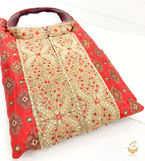 Red color men's embroidered neck kurta on brocade silk