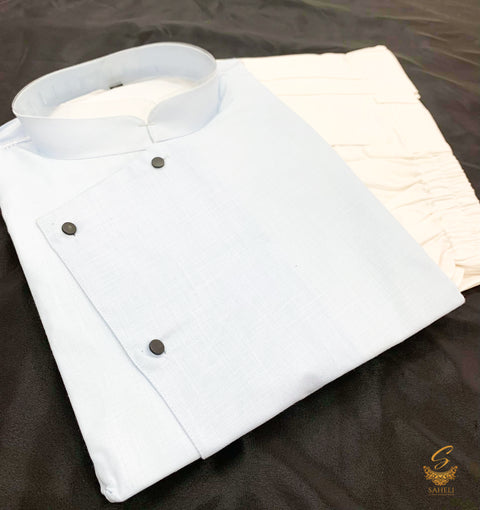 Lite blue colour cotton linen based side cut style kurta with pents
