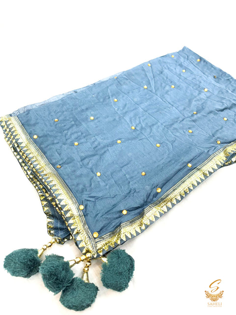 dark grey colour chiffon based golden border dupatta