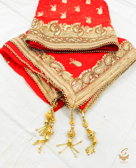 Dark red colour pure opara silk handwork stone & Embroidery design bridal suit with heavy work dupatta