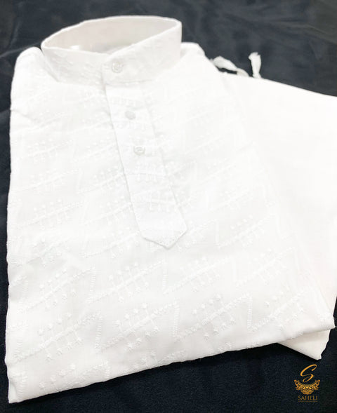 white colour 100% cotton with chikankari  kurta pajama